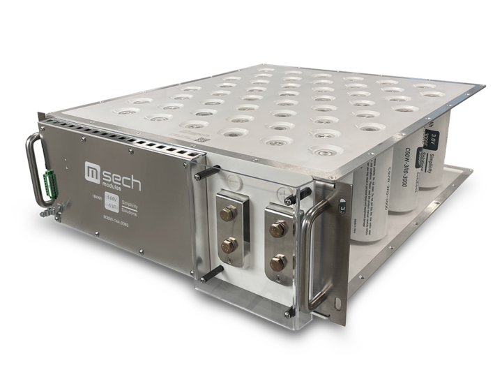 a white SECH Ultracapacitor energy storage module (144V and 130V) labeled with m-sech logo on a metallic front cover