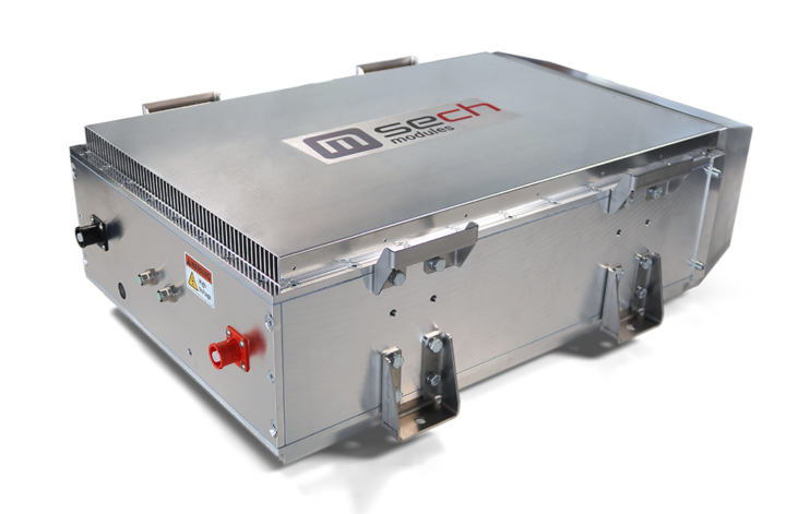 a metallic SECH ultracapacitor power storage module (144V) labeled with m-sech logo