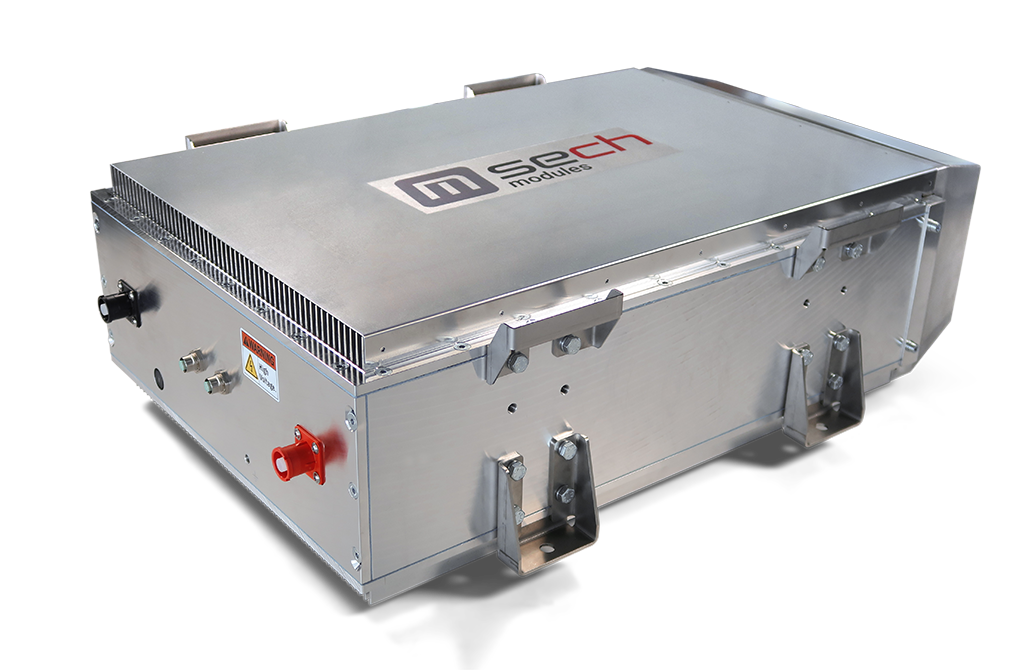a metallic SECH ultracapacitor power storage module (144V) labeled with m-sech logo