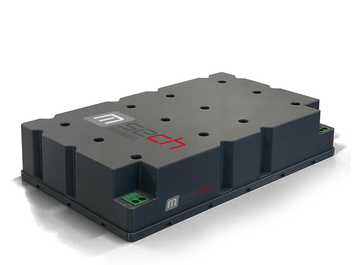 a dark grey, flat SECH ultracapacitor module (174V) labeled with m-sech logo
