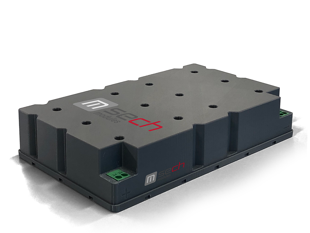 a dark grey, flat SECH ultracapacitor module (174V) labeled with m-sech logo