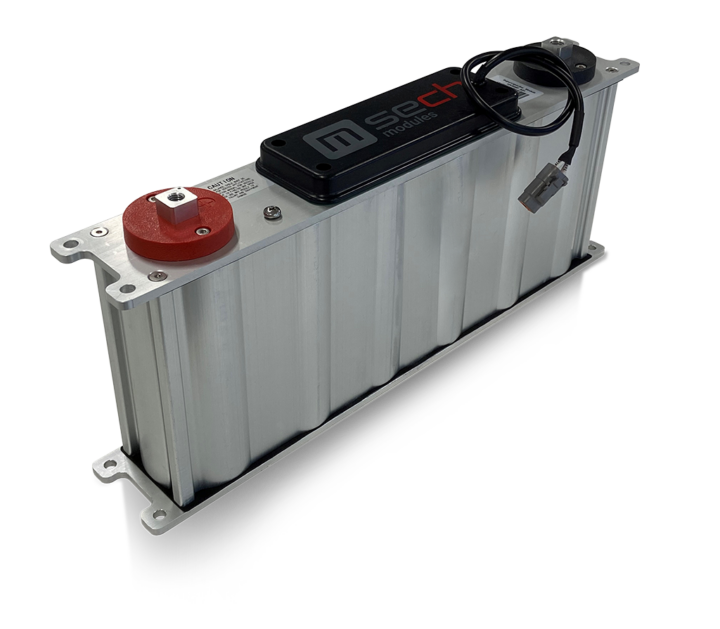 a narrow SECH ultracapacitor module (18V) with metallic-look and labeled with m-sech logo on a black cover