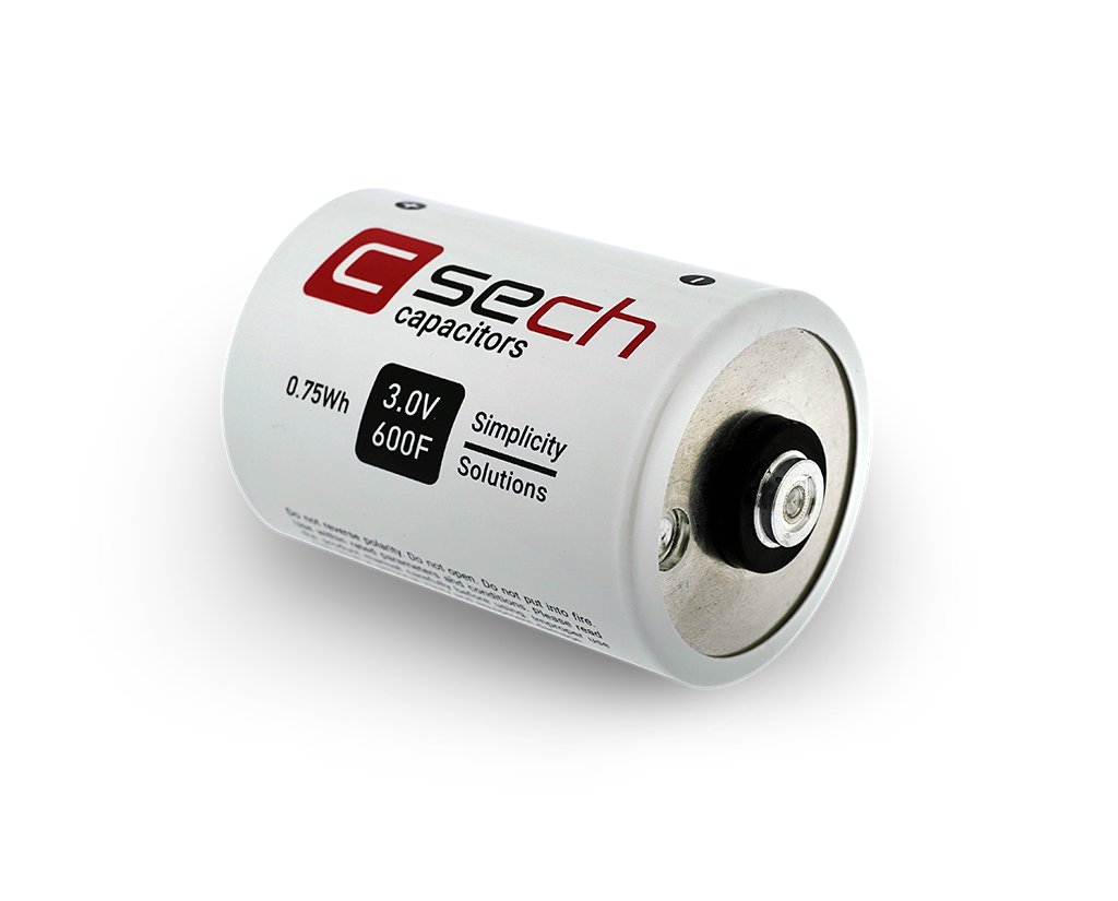 SECH ultracapacitor cell labeled with C-Sech logo and product specifications (0.75Wh / 3.0V / 600F)