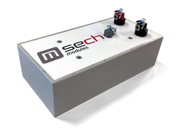 a grey SECH ultracapacitor module (96V) with m-sech logo on a white cover