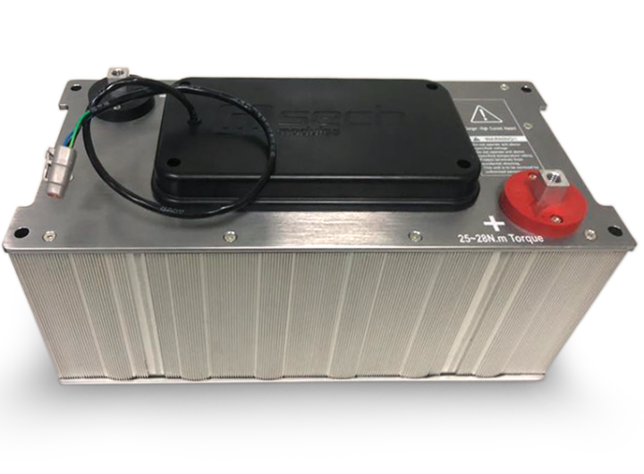 a metallic SECH Ultracapacitor module (54V / 166F) labeled with m-sech logo on a black cover