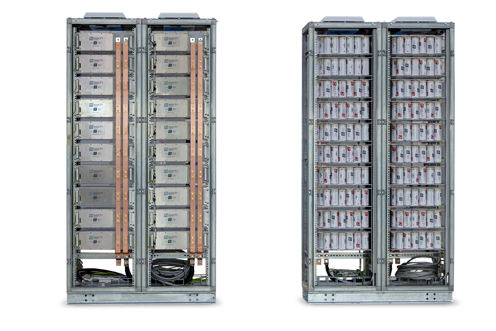 2 Simatex ESS racks side by side. The rack left with the closed module front and the rack right with a open cells view