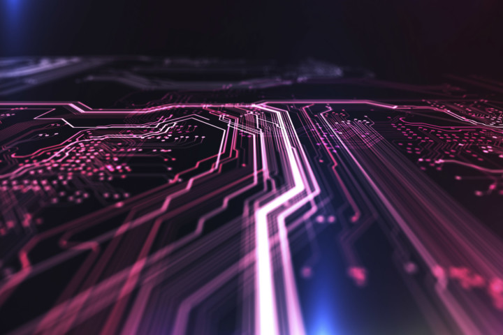Technology background red and blue color, circuit board and code. 3d Illustration