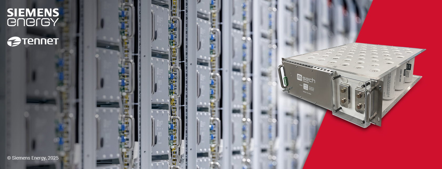 A SECH ESS module overlayed on a photo of over 2’000 ESS modules, which are stacked in towers, forming an ESS