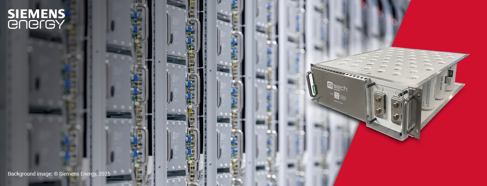 A SECH ESS module overlayed on a photo of over 2’000 ESS modules, which are stacked in towers, forming an ESS.