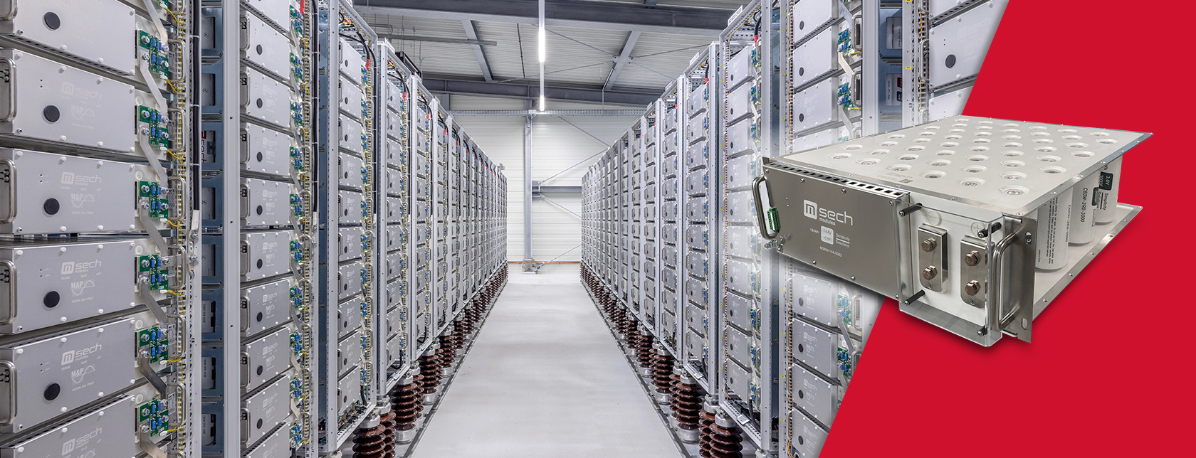 A SECH ESS module overlayed on a photo of over 2’000 ESS modules, which are stacked in towers, forming an ESS